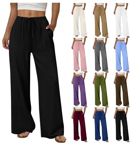RLEHJN Pantalon Ete Femme Leger Fluide Pantalons Taille Haute Elastique Ample Palazzo Pants Jambe Large Droit Décontractée Summer Trousers Women Confortable Bas De Jogging Plage avec Poches