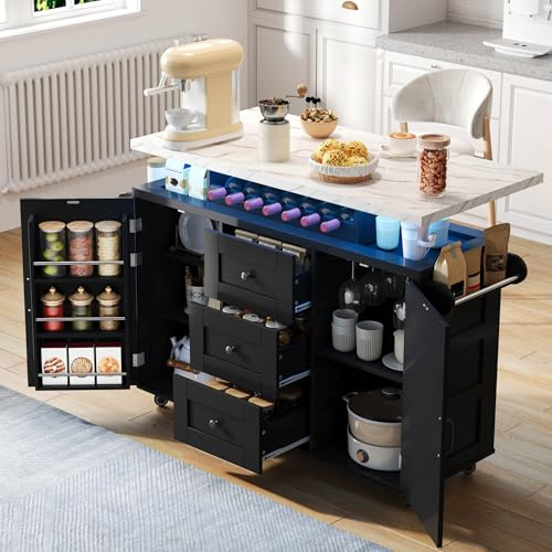 Ktipm Isla de Cocina con Luz LED y Ruedas, Mueble Auxiliar de Cocina con Tablero Plegable y Botellero, Aparador Armario Cocina con 3 Cajones y 2 Puertas, Kitchen Island, 120x42-60x93 cm, Negro