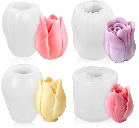 4er Set Tulpen Silikonform zum Gießen, 3D Blumen Kerzengießform für Kerzen, Seife & Gießpulver, Wiederverwendbare Epoxidharz & Fondant Form