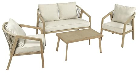 Koll Living Lounge-Set Amber | Outdoor Sitzgruppe mit Gartensofa, Gartensesseln & Tisch | Stahlgestellt in Holzoptik | Wetterfest & UV-beständig | Mix & Match Gartenlounge Beige/Braun