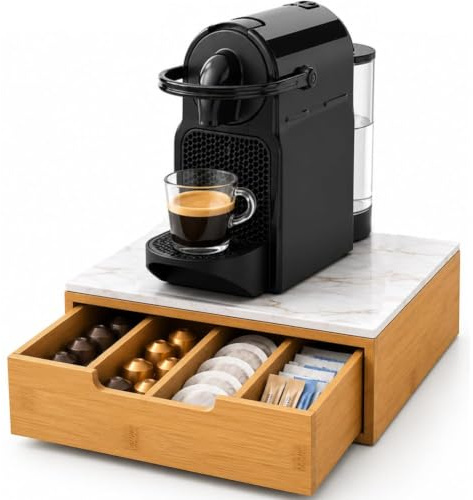 BAKAJI Portacapsule Contenitore Cassetto Porta Cialde Capsule Nescpresso Dolcegusto Modomio Caffe Lavazza Bustine Tè Zucchero realizzato in Legno di Bambù Bamboo (31,5 x 30 x 10 cm Tortora)