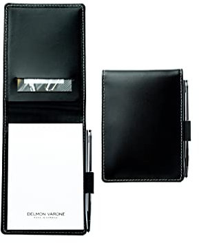 DELMON VARONE - Personalisierbares Notizblock Etui DIN A7 Cambridge Leder schwarz - Reporterblock Lederetui 1 x Mini-Kugelschreiber & 2 x Blanko Block (unliniert) Notiz-Block mit Stiftschlaufe
