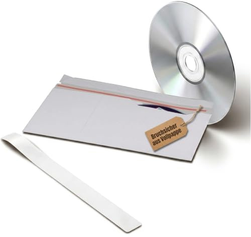 KK Verpackungen Briefumschläge CD DVD Vollpappe DIN Lang | 100 Stück, 223x123mm | Selbstklebeverschluss & Aufreißfaden | Portooptimiert als Kompaktbrief | Stempelfest, bedruckbar