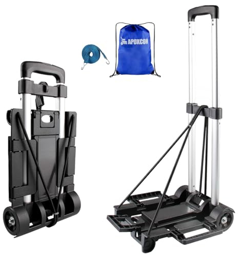APOXCON Carro de Mano Plegable, Carrito de Equipaje Ligero expandible con 2 Ruedas, Cuerda elástica Gratuita y Bolsa de Almacenamiento, Carrito Plegable de Aluminio para Viajes, Compras, mudanzas,