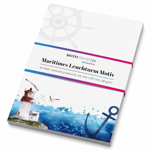 50 Blatt Briefpapier (A4) | Maritimer Leuchtturm am Meer | Motivpapier | edles Maritim Design Papier | beidseitig bedruckt | Sommer Speisekarte Hotel Menu Bastelpapier | 90 g/m²