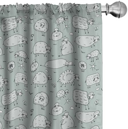 ABAKUHAUS Kindergarten Vorhänge, Gardinen, Lustige Schafherde Doodle, Fensterbehandlungen für Wohnzimmer Schlafzimmer Dekor, 2 Stück 75 cm b x 175 cm h, Pale Grau Grün