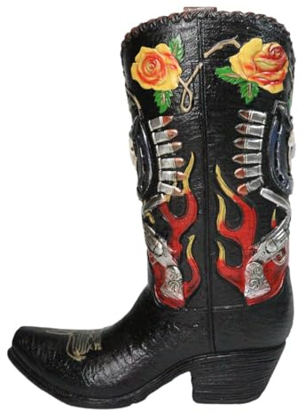 Ebros Rustic Western Roses Dual Revolvers Six Shooters Pistols and Bull Cow Skull Cowboy Cowgirl Boot Decorative Figurine Or Floral Vase Planter Tooled Leather Finish Table Shelf Countertop Accent