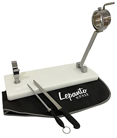 Jamonero plegable giratorio, soporte jamonero plegable mas set de corte con cuchillo jamonero mas chaira y cubra jamon negro (Base fibra blanca)