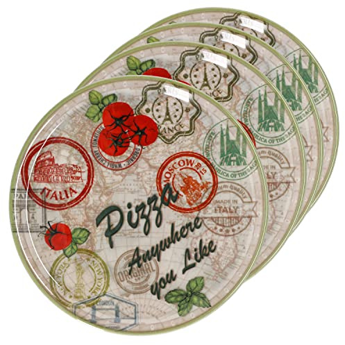 MamboCat 4er Set Pizzateller Moskau grün Ø 33 cm I Servier Platten mit Motiven I Vorspeisenplatten zum Anrichten für Antipasti oder Tomate-Mozzarella I Bunte Porzellanteller für Pizza Pasta & Co