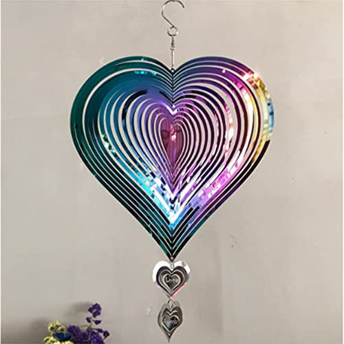Wind Spinner Outdoor Metal Decorations,Purple-Green Gradient Love Heart 3D StainlessMetal Hanging Wind Spinners Spiral Heart Wind Chime 360 Degrees Spinnersfor Outdoor Indoor Decoration