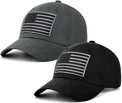 LCZTN 2 Pack American Flag Baseball Cap for Men Women,Low Profile USA Plain Dad Hat (Black＆Grey)