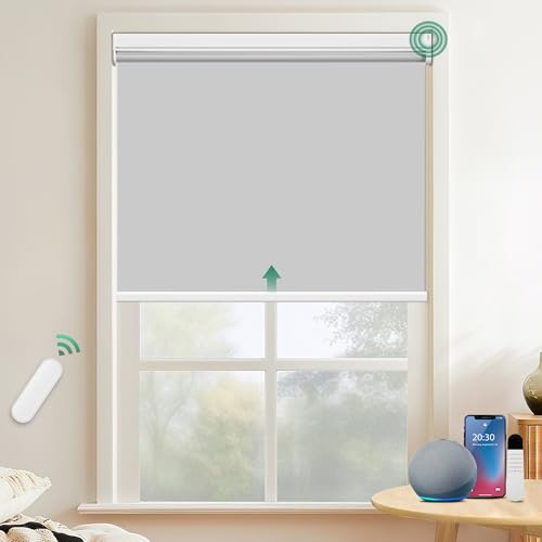Allesin Elektrische Rollos mit Fernbedienung, Grau Verdunklungsrollo, B50 x H120 cm Grau, Klemmträger Ohne Bohren & Mit Bohren, Fensterrollo Innen 100% Sonnenschutz
