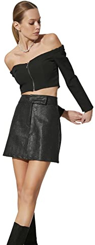 Trendyol Mini Jupe trapèze en Jean pour Femme, Noir, 64