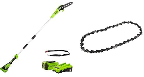 Greenworks G40PSFK2 Cordless Pole Saw, 20cm Bar Length, 8m/s Chain Speed, 3.64kg, 2.58m Pole Reach, 40V 2Ah Battery & Charger+ Greenworks 29507 Saw Chain (20cm Oregon Chain)