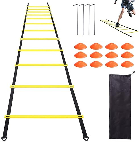 LWuuywa Accessori per allenamento da calcio per bambini e adulti, scala di coordinazione, 6 m, 12 pioli, con 12 cappelli, 4 pali, borsa per il trasporto, regalo per ragazzi