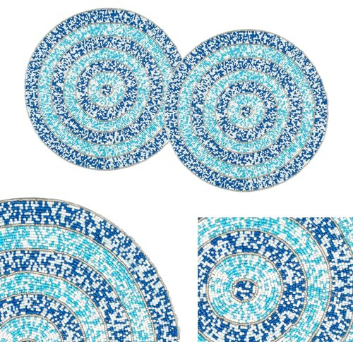 RIANGI Beaded Placemats for Dining Table - Pack of 2 Measure 13 inches Beaded Placemats Round for Gathering, Occasional Decoration and Family Parties Celebrations - White/Blue