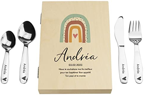 LAUBLUST Couverts pour Enfants gravés - Coutellerie dans boîte en Bois imprimé, Naturelle - Couverts avec prénom | Cadeau de baptême pour Enfants | Couverts de Table en INOX (Arc-en-Ciel)