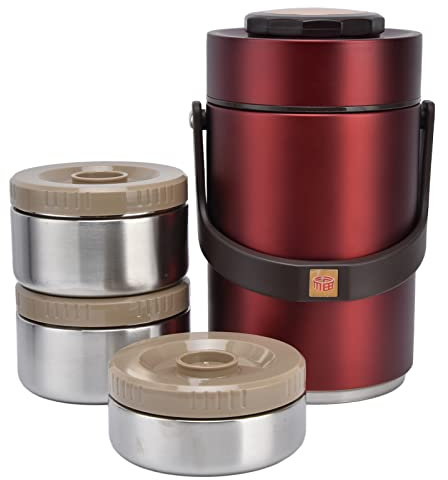 Qiilu Food Flask 2L Termos Para Comida Caliente 24 Horas 304 Stainless Steel 2.3L Vacuum Lunch Box 3 Layers Prevent Leakage Insulated Container For Work Travel (Red)