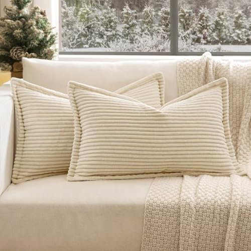 EMEMA Kordsamt Kissenbezug Weiche Kissenhülle Dekorative Sofakissen 30x50 cm 2er Set Dekokissen Moderne Zierkissenbezug Gestreifte Kissenbezüge für Wohnzimmer Schlafzimmer Creme