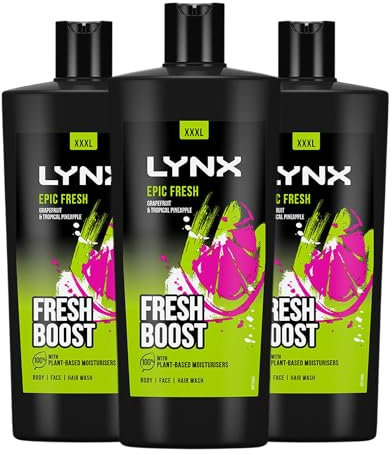 Lynx Shower Gel 12 Hours of Long Lasting Refreshing Fragrance Body Wash with Plant-Based Moisturisers for Men XXXL Size Body Cleanser for Naturally Soft Skin, 700ml (Epic Fresh, Buy 3)