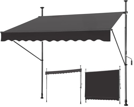 JNGLGO Klemmmarkise mit Handkurbel 350cm breit Balkonmarkise ohne Bohren Markise Höhenverstellbar Sonnenschutz UV-beständig für Balkon Terrasse, Anthrazit