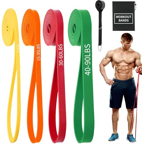 Lot de 5 Bandes de résistance avec ancrage de Porte, Bande de Gymnastique pour Hommes et Femmes, Bande de Fitness pour Yoga, Pilates, Musculation, tractions, physiothérapie (4PCS(5-90lbs))