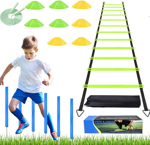Agility Ladder Training Poles Equipment, Soccer Training Equipment-20ft Speed Ladder, 6 Agility Poles, 8 Soccer Cones for Training Football Basketball Rugby Training Equipment for Kids Youth Adults