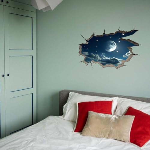 SUPERDANT Mondlichtnacht 3D Wandtattoo Mond Und Sterne 3D Wandsticker Himmel Wandaufkleber Vinyl Kunst Dekor 3D Mondlichtnacht Vinyl Wandsticker Für Wanddekoration Deckendekor