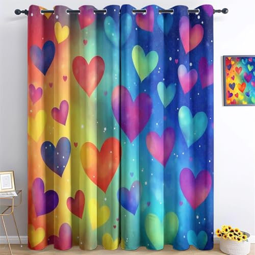 Vorhänge mit Ösen Blickdichte Regenbogen-Herz-Muster Thermovorhang Farbe Blackout Curtain Kinder Jungen Mädchen VerdunklungsvorhängeH260 x B140 cm (2er Pack)