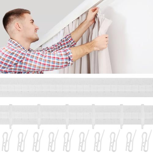 Cinta fruncidora de 30 m x 25 mm con 20 ganchos para cortina, Cinta Plisada de Cortina, cinta para coser, cinta fruncidora universal, cinta plisada para cortinas, cinta fruncida para cortinas (Blanco)