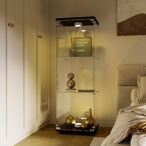 MIOOSUT Vitrine en Verre avec LED, 125 cm Armoire de Collection Moderne avec 1 Porte 3 étagères Transparent Meuble Vitrine pour Artisanat, Salon, Livres (3 Couches 1 Porte, Noir)