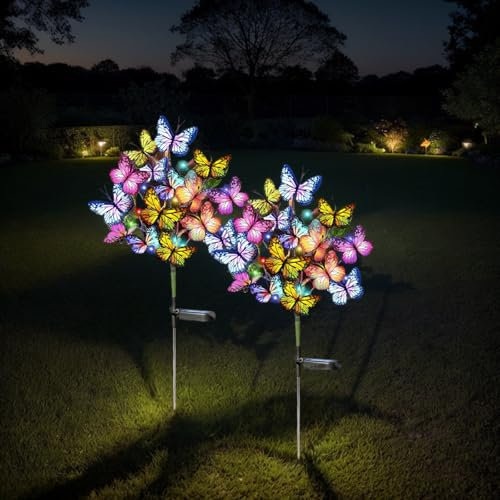 Hqynss Butterfly Solar Lights Outdoor Garden 2 Pack, 40+ Color Changing Butterflies IP65 Waterproof, Solar Powered LED Stake Lights for Patio Yard Pathway, Festival Gift
