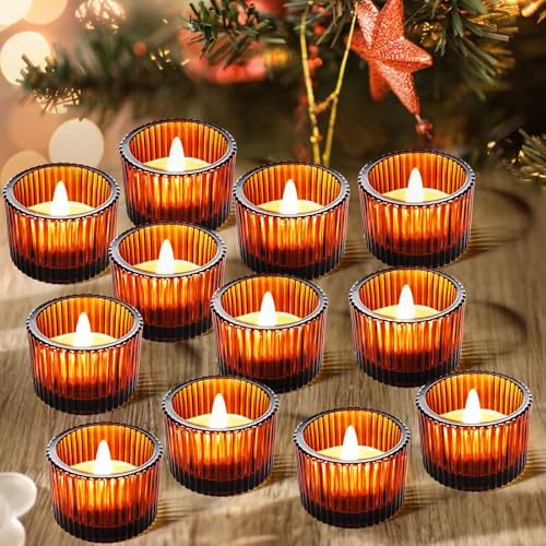 JOYIT 12er Set Teelichtgläser - 5,1 x 3,6 cm Amberfarbene Riffelglas Teelichthalter, Stabile Glas Teelicht Becher für Teelichter & LED Kerzen, Deko für Hochzeit Geburtstag Weihnachten Garten | Elegante Votivkerzenhalter aus Glas mit raffiniertem Design. Perfekt für Hochzeiten, Partys, Jubiläen und Wohnkultur.