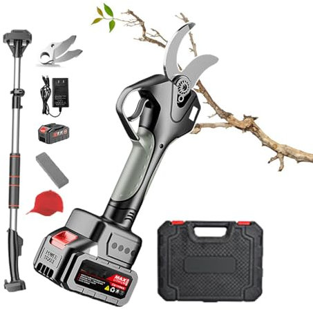 forplubossmmp Sécateur Électrique 21 V 2,0 Ah + Perche Télescopique, Ciseaux D'Élagage De Jardin Professionnels avec Batterie Et 2 Lames De Diamètre De Coupe De 45mm (1,7 Pouce), Ciseaux Électriques