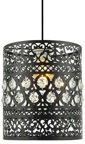Traditional and Ornate Black Easy Fit Drum Pendant Light Shade with Transparent Acrylic Droplets | 20cm Diameter | Shabby Chic Style by Happy Homewares