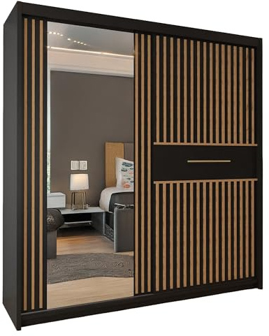 MN Furniture Sliding Door Wardrobe with Mirror | MDF Chipboard | Hanging Rails & Multi-Tier Shelves | Black or White with Votan Oak Strip | 150cm & 203cm | Bedroom Wardrobe (Black/Votan, 150cm)