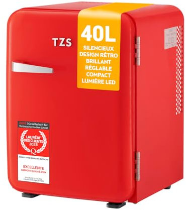 TZS First Austria - Mini Frigorífico Retro 40L silencioso - Pequeño Minifrigo diseño vintage con luz interior y 2 compartimentos de puerta - Minibar para camping, oficina, dormitorio y hotel - rojo