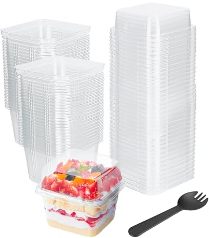 Yumzxin 50 Pack 8 oz Square Parfait Cups with Lids & Spoons - Clear PET Dessert Containers for Yogurt, Ice Cream, Mousse, Cupcakes