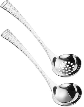 BESPORTBLE Soup Ladle and Slotted Spoon Set, 2pcs 304 Stainless Steel Hammered Vintage Style, Hotpot Cooking Utensils for Kitchen and Serving