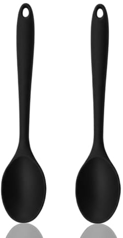 Luxvara Set di 2 Cucchiai in Silicone, Cucchiai in Silicone Senza Cuciture, Cucchiaio con Manico Lungo, Mestoli da Cucina Resistenti al Calore per Mescolare, Cuocere e Servire, 27 x 5.8 cm (Nero)