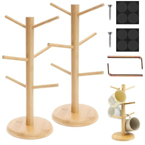 Porte Tasses en Bois, 2 Pièces Cuisine Support Tasse a Cafe Suspendu, 35 cm Porte Gobelet de Comptoir, Tasse Arbre avec 6 Crochets et Base Renforcée, pour les Bretzels, les Saucisses(Couleur Bois)