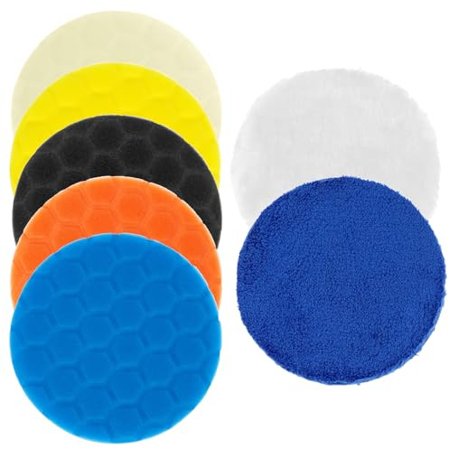 QWORK® 7 Stück Polierpads, 150 mm Schaumstoff-Polierpads, mit Woll-Pads und Mikrofaser-Pad zum Polieren, Wachsen und Versiegeln von Glasuren, für Exzenterschleifmaschinen