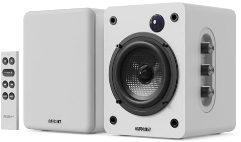 MAJORITY Bookshelf Bluetooth Speakers | Wireless Active Speakers Pair | Hi-Fi, 2.0 sound | Desktop, Monitor & PC | 60W, HD Sound, HDMI ARC, Optical, AUX & USB Playback | Remote Include D50X (White)