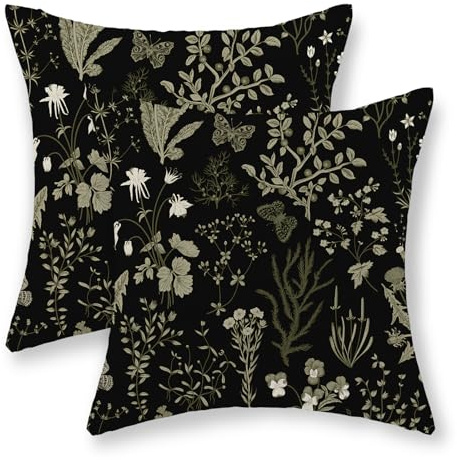 JEFERSO Spring Floral Pillow Covers 20x20 Set of 2 Black Sage Green Wild Flower Decorative Pillow Cases Vintage Herbs Plant Cushion Cover Botanical Farmhouse Decor Outdoor Throw Pillows for Couch Bed
