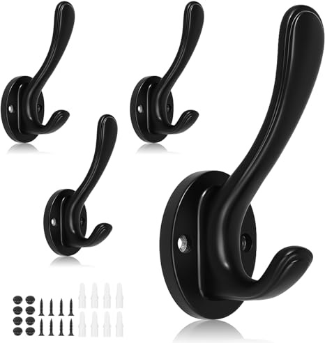 Dntorx 4 Pack Black Towel Hooks Heavy Duty for Bathrooms, Coat Hooks Wall Mounted Metal Double Hook Wall Hooks for Hanging Towel Key Coats Hats Robe Clothes