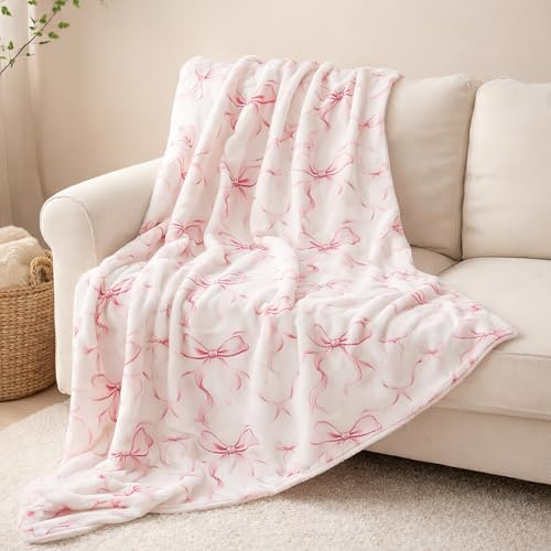 JTKDG Kuscheldecke Rosa mit Schleifen -Fleecedecke 130x160 cm Sofadecke