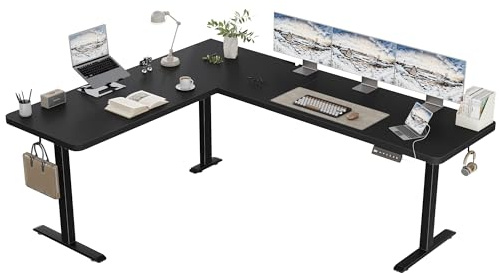 TRIUMPHKEY Eckschreibtisch Höhenverstellbar mit USB-A & 3 Speicherhöhen | 190x155cm L-förmige Höhenverstellbarer Schreibtisch mit Kabelbox und Haken, Ergonomischer Computertisch Schwarz