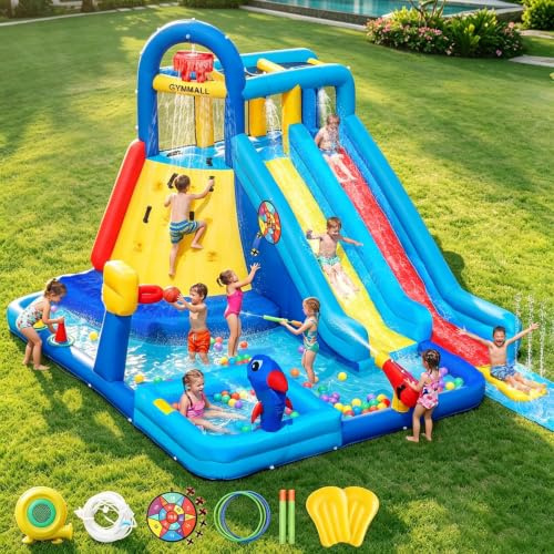 GYMMAL Inflatable Castle,Bounce Castle For Children With Climbing Wall, Double Slide, Water Slide Playhouse For Kids Outdoor Indoor For Ages 3-12 (4x3.6x2.6m)