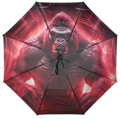 Linnyio Gorila De Luz De FantasíA Roja Paraguas de Viaje Resistente al Viento Apertura Cierre AutomáTicos,Compacto con ProteccióN Solar UPF 50+ Ideal para JóVenes Chicas