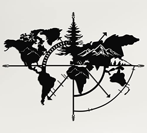 DEKADRON Metall-Weltkarte, Wandkunst, Weltkarte, Berge, 3D-Wand-Silhouette, Metall-Wanddekoration, Zuhause, Büro, Schlafzimmer, Wohnzimmer, Dekoration (schwarz, 140 x 104 cm)